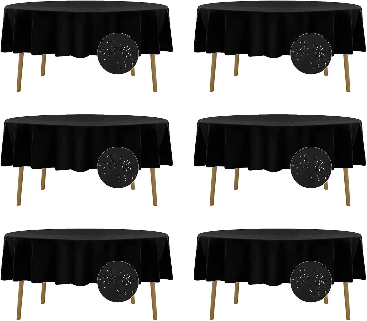 Fokitut 6 Pack Waterproof Round Tablecloth, 70 Inch, Stain Resistant and Wrinkle Polyester Table Cloth, Fabric Table Cover for Kitchen Dining, Wedding, Party, Holiday Dinner-Black