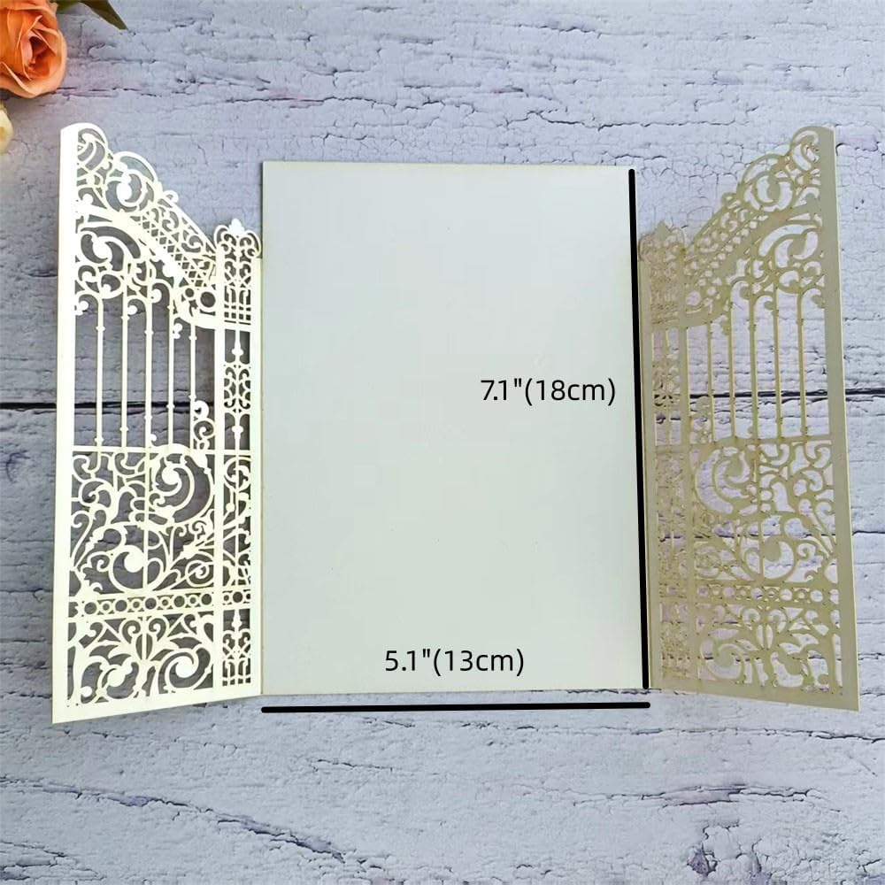 Glitter Laser Cut Gate Invitation Gold Castle For Wedding Valentine Birthday Quinceanera Sweet 16th 25 Sets (light rose gold glitter, 4.9"x7.1")