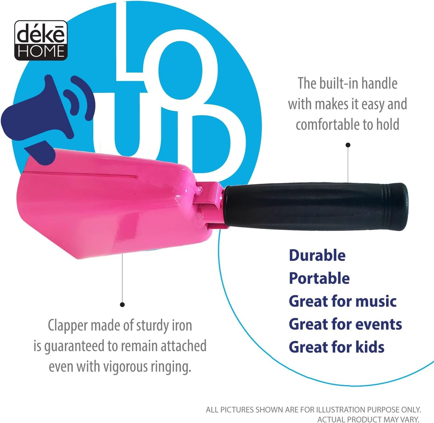 Deke Home - 2 Pack 7 Inch Steel Cowbells with Handle, Loud Noise Makers for Football, Sports, Parties, Competitions, School Spirit & Safety, Large Hand Bell for Cheering & Percussion Instrument