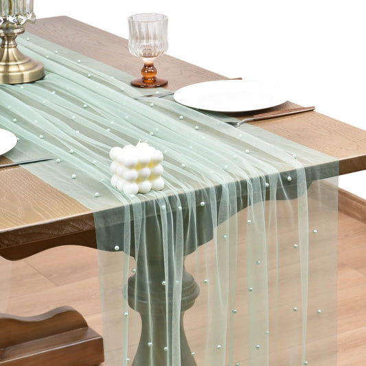 Joanlody Fall Pearl Table Runner 10ft Rustic Boho Tulle Table Runner with Pearls for Baby Shower Wedding Party Veil Dessert Thanksgiving Table Decor Sage Green 4pcs