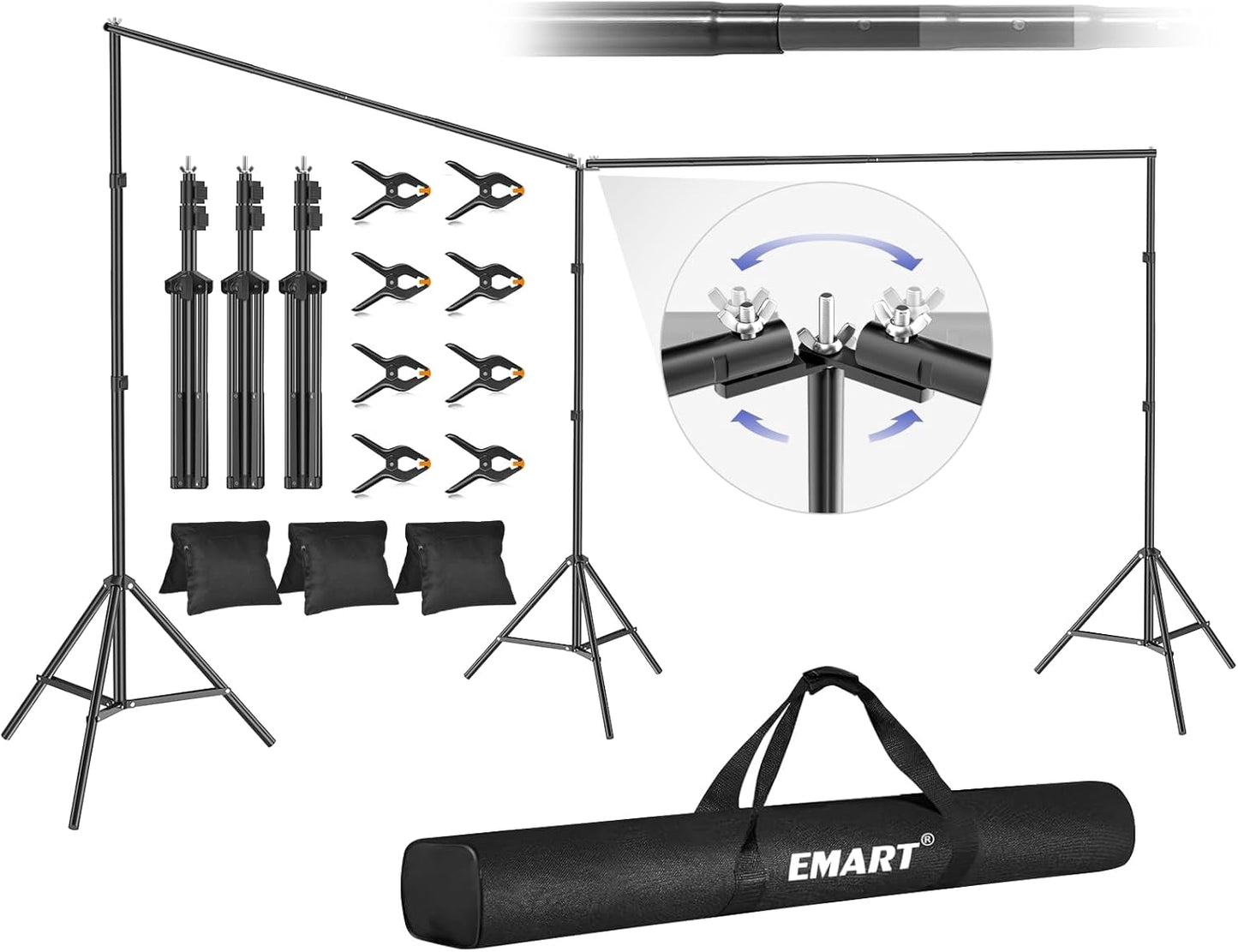 EMART Backdrop Stand, 20x7ft(WxH) Large Adjustable Background Support System with 308° Angle Rotatable Connector, 8 Clamps, 3 Sandbags and Carry Bag for Paties, Wedding, Photography Studio