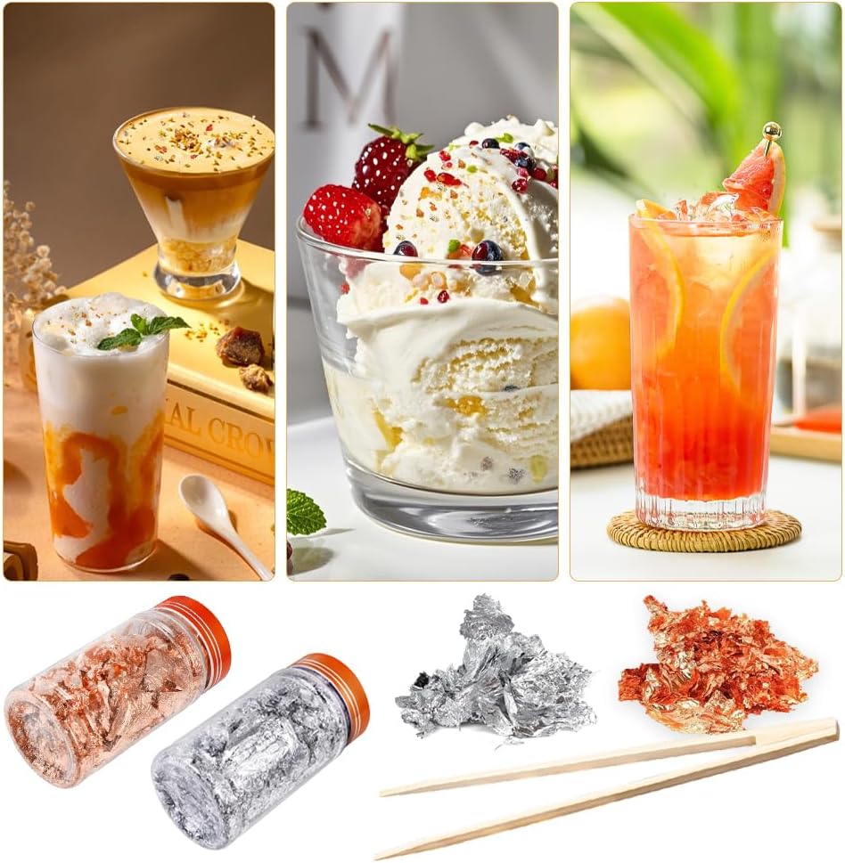 Gold Flakes for Resin, 2 Bottles 10g Imitation Golden Foil Gilding Flake Metallic Leaf for Cake Decoration Chocolate Making Nails Painting Art Crafts with Bamboo Tweezers (Silver, Copper Colors)