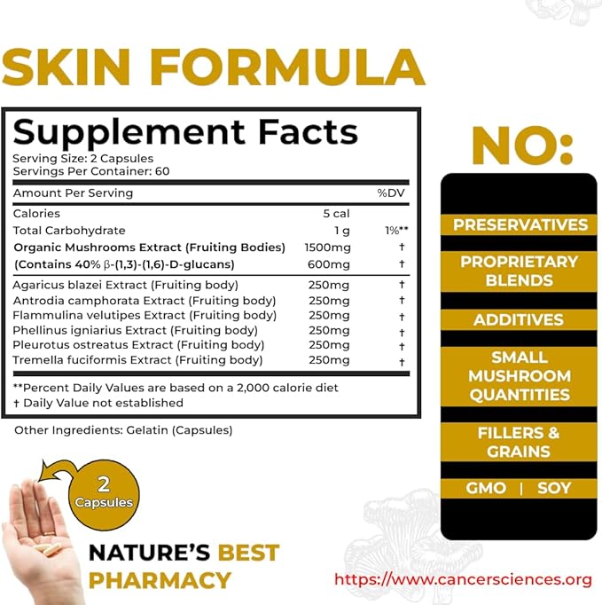 Cancer Sciences Skin Wellness Supplement, USDA Certified Organic Extract Mushrooms Supplement, Extra Strength 1,500 mg, High Potency 40% Beta-Glucans, Immune Support, Glowing Complexion, 120 Capsules