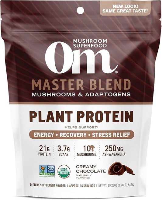 OM MUSHROOM SUPERFOOD Master Blend Creamy Chocolate Protein Powder, 16 Servings, Plant-Based with 10 Mushroom Complex for Recovery & Energy, GLP-1 Support