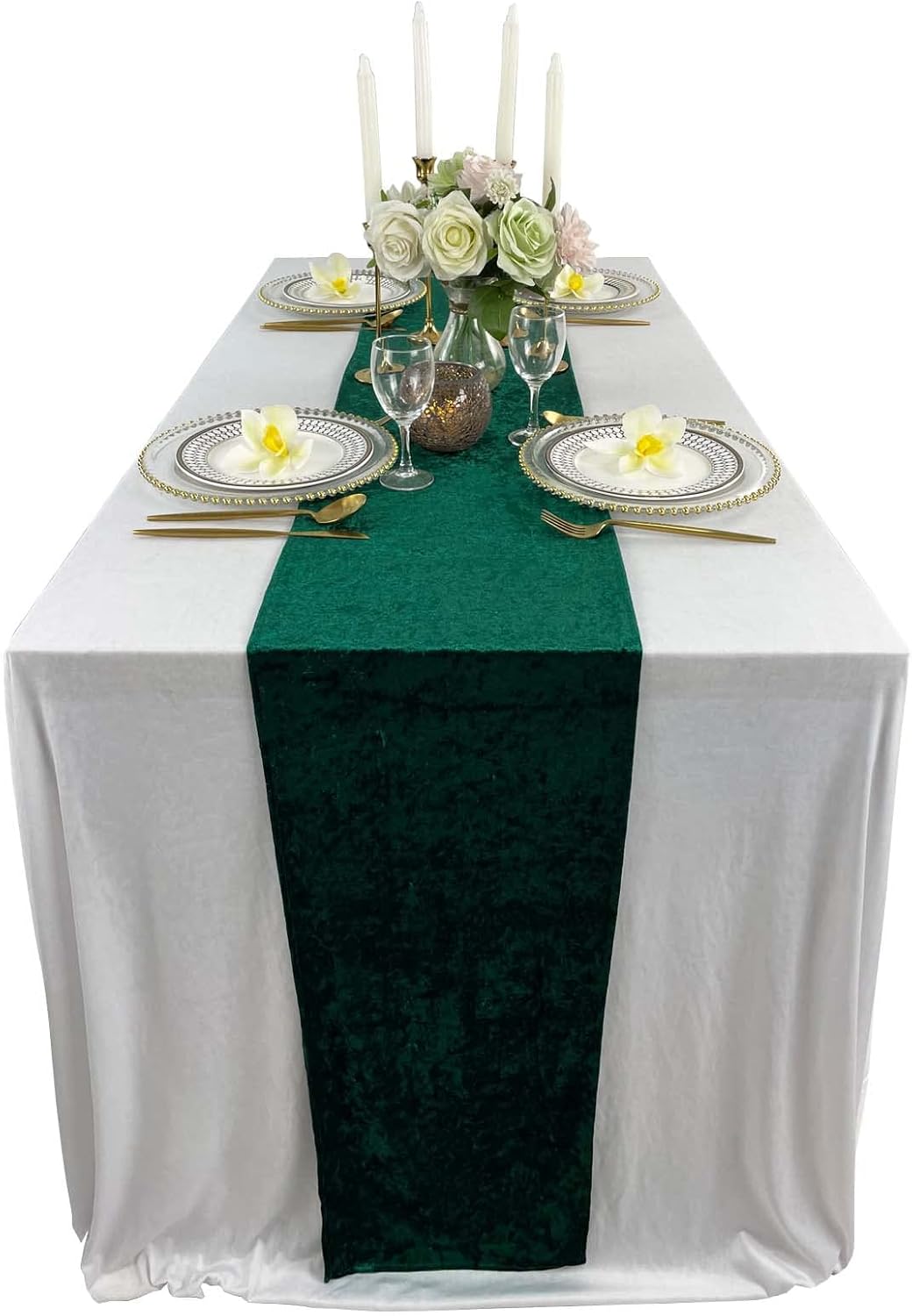 Luxurious Crushed Velvet Table Runner, Wedding Reception Decorations, Soft Velvet Fabric, Table Linen Overlay, Wedding Table Runners (Emerald Green, 12X108 inch)