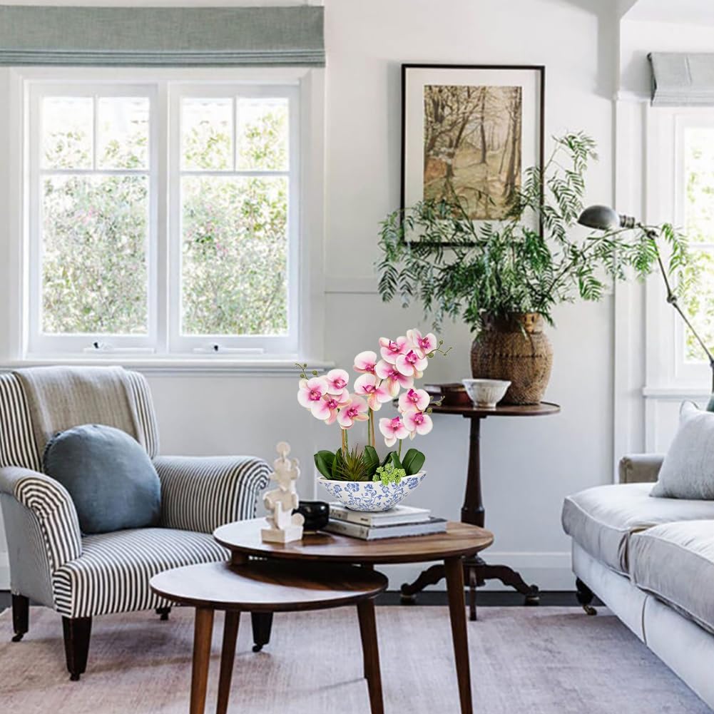 Briful Pink Orchid Fake Flowers 17in Artificial Orchid Silk Flowers in Blue and White Ceramic Vase Faux Orchid Arrangement for Elegant Home Office Room Dining Table Centerpiece Shelf Modern Decor