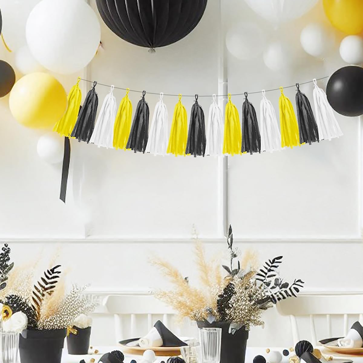 Yellow White Black Party Decorations - 15pcs Tissue Paper Tassel Garland for Birthday Baby Bridal Shower Wedding Graduation Hanging Decor HongTongTong