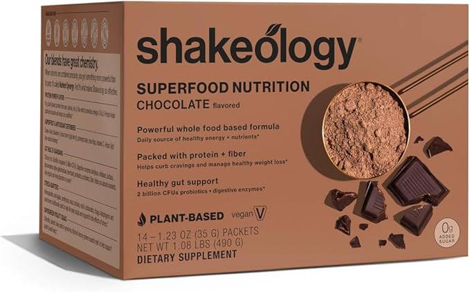 Shakeology 0g Added Sugar Plant-Based Vegan Protein Powder – Gluten-Free Superfood Shake with Vitamins & Minerals – Helps Support Healthy Weight Loss & Gut Health, Chocolate, 14 Individual Packets