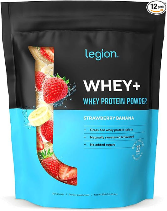 LEGION Whey+ Strawberry Banana Whey Isolate Protein Powder from Grass Fed Cows, Low Carb, Low Calorie, Non-GMO, Lactose Free, Gluten Free, Sugar Free, All Natural (30 Serving Strawberry Banana)