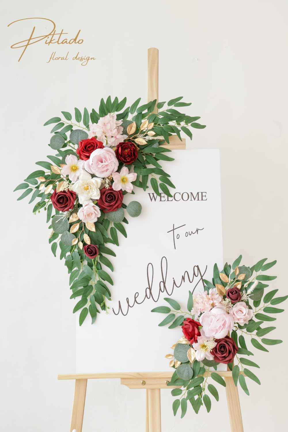 Faux Flower Swag Set of 2 for Wedding Welcome Signs Floral Swag Wedding Reception Ceremony Signs Decor (A-Burgundy Pink)