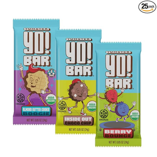 Bearded Brothers Yumster Yo! Bearded Brothers Yumster Yo! Bar Vegan Kids Bars with Plant Based Protein Organic Kids Snacks Soy, Dairy, Gluten Free, Non-GMO - 25 Pack Variety Pack (10 x Almond Butter Cookie / 10 x Inside Out Choco Chip / 5 x Berry Bounce)