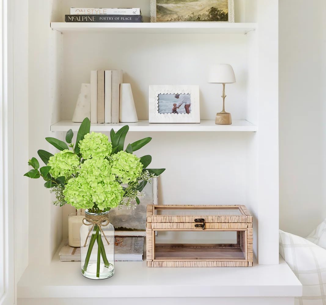 Hollyone Green Hydrangea Artificial Flowers in Clear Glass Vase with Faux Water Silk Hydrangeas Fake Flowers Floral Arrangement for Home Bathroom Kitchen Office Table Centerpiece Shelf Decorations