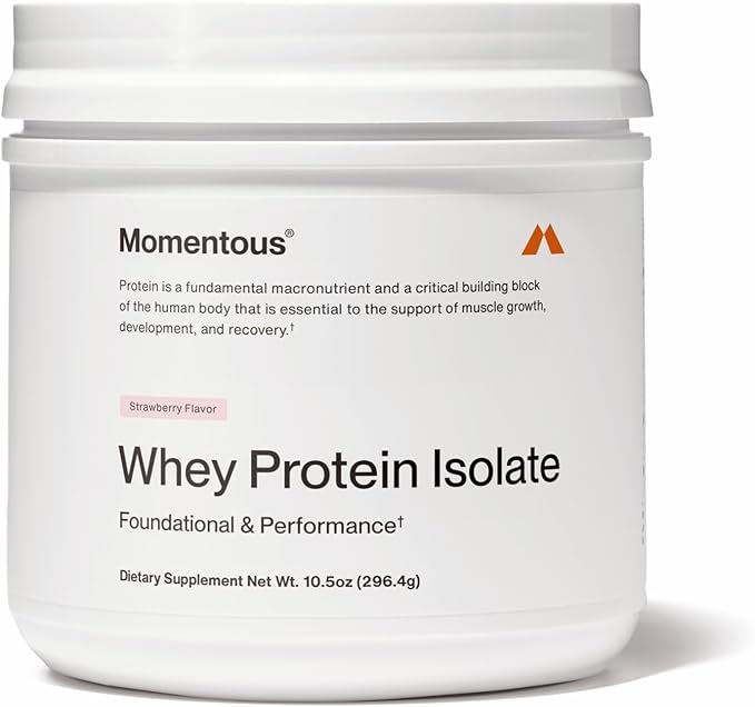 Momentous Essential Grass-Fed Whey Protein Powder - 20 g Whey Isolate Protein - NSF Certified for Sport - Gluten-Free - 12 Servings for Essential Everyday Use - Strawberry - Package May Vary