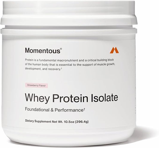Momentous Essential Grass-Fed Whey Protein Powder - 20 g Whey Isolate Protein - NSF Certified for Sport - Gluten-Free - 12 Servings for Essential Everyday Use - Strawberry - Package May Vary
