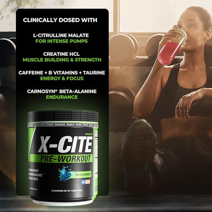 X-CITE Pre-Workout by ATHLEAN-X - Enhanced Formula with Beta-Alanine, Creatine & Caffeine for Energy, Endurance, Focus & Muscle Pump, NSF Certified for Sports (22 Servings, Sour Blue Raspberry)