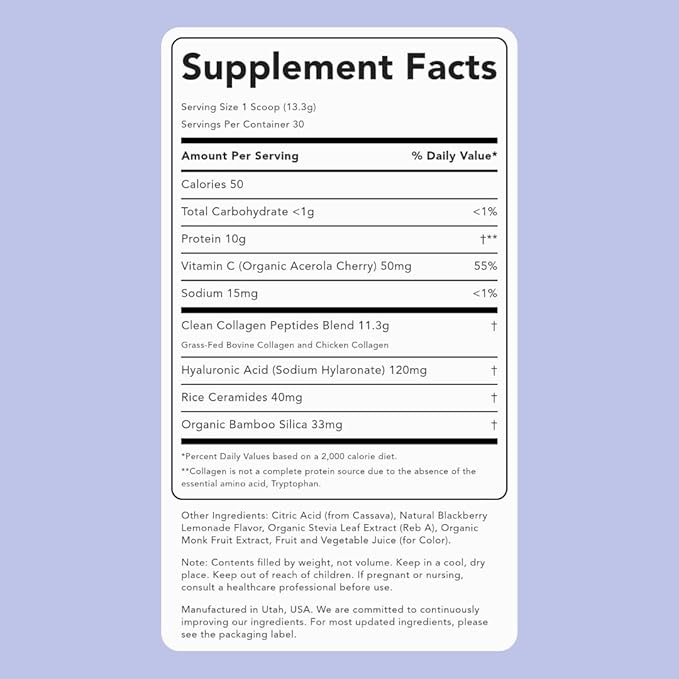 Clean Simple Eats Collagen Powder + Beauty Blend, BlackBerry Lemonade, Hydrolyzed Collagen Peptides from Grass Fed Bovine & Chicken, Hyaluronic Acid for Hair, Skin, Nail & Joint Support, 30 Servings