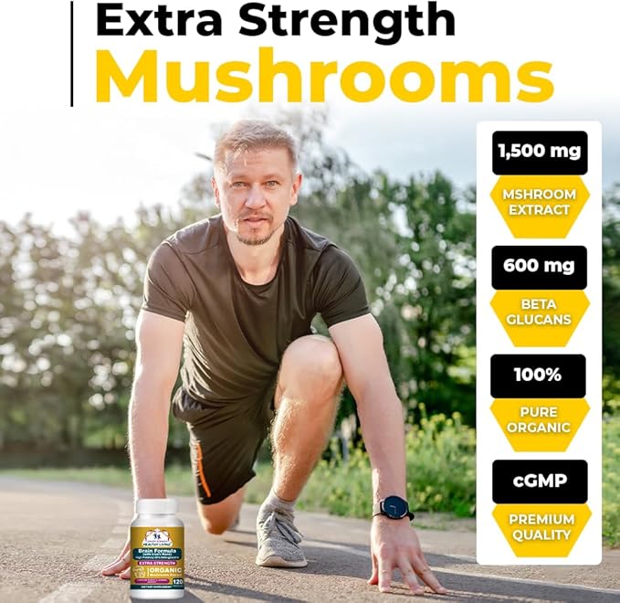 Cancer Sciences Brain Supplements for Memory and Focus - 1,500mg Brain Health Mushroom Supplement for Adults & Seniors - High Potency 40% Beta-Glucans for Immune Support & Vitamins, 120 Capsules