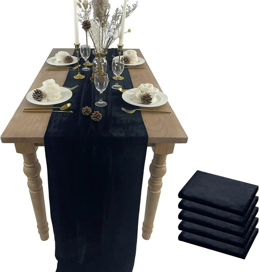 Velvet Table Runner, 5 Pack Luxurious Wedding Reception Decorations Soft Velvet Fabric Table Linen Overlay for Party (20 x 120 inch, Black)