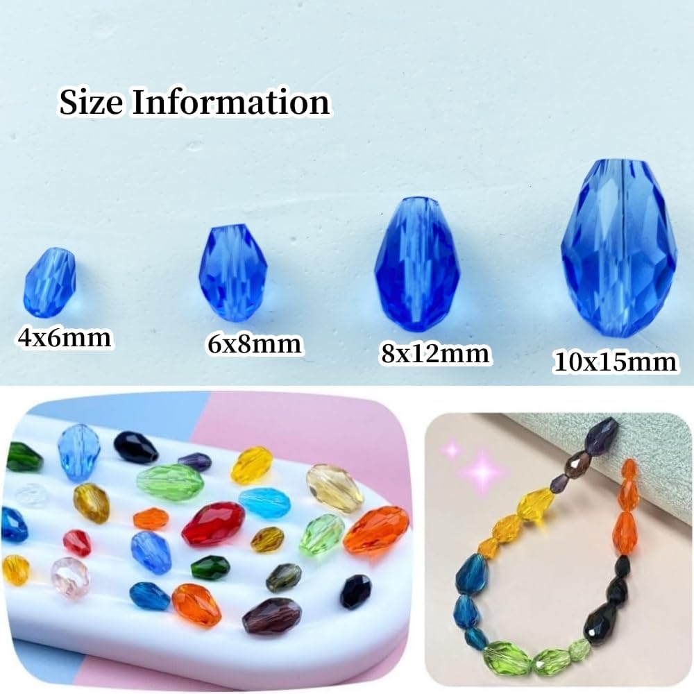 130pcs 6x8mm Teardrop Crystal Glass Beads Vertical Hole Faceted Glass Teardrop Spacer Beads for Bracelets Necklace Earring DIY Jewelry Making Craft(Light Blue)