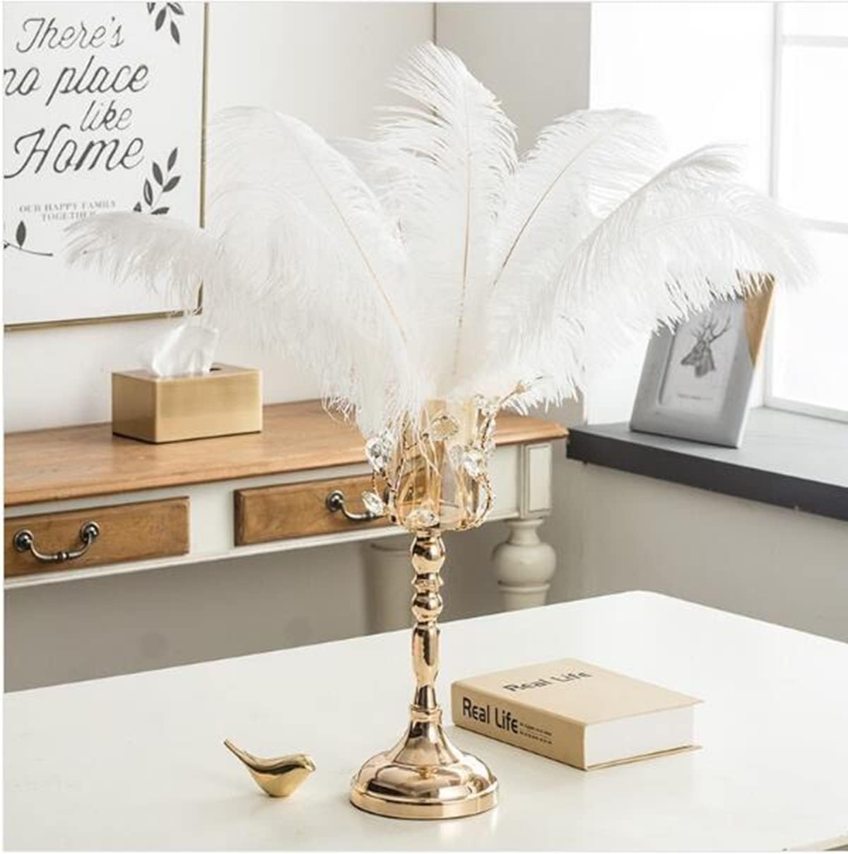 YAKRUNA 30PCS White Ostrich Feathers for Centerpieces for Wedding Birthday Gatsby Party, 12-14 Inches Bulk Decorative Plumes for Vase & Table & Christmas Tree Decor (30-35cm, White)