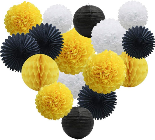 Yellow White Black Party Decorations 16pcs Paper Pom Poms Honeycomb Balls Lanterns Tissue Fans for Bee Day Party Batman Birthday Graduation Baby Shower