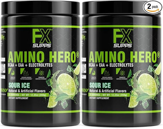 FXSUPPS Amino Hero Sour Ice Flavor (50 Servings) | Post-Workout Recovery Drink for Men and Women | Energy Powder Mix with BCAA, EAA, and Electrolytes | Promotes Endurance and Healthy Muscles - 2 Pack