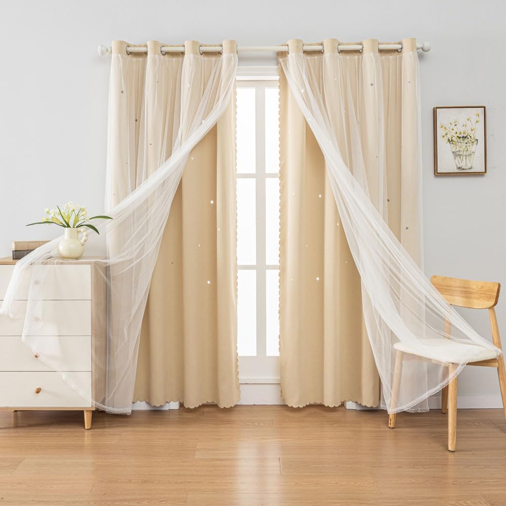FANLI 2 Panels Star Blackout Curtains for Kid Girls Bedroom Living Room Darking Stripe Double Layer Star Cut Out Wall Home Decor Gradient Grommet Window Curtains (Beige 72L)