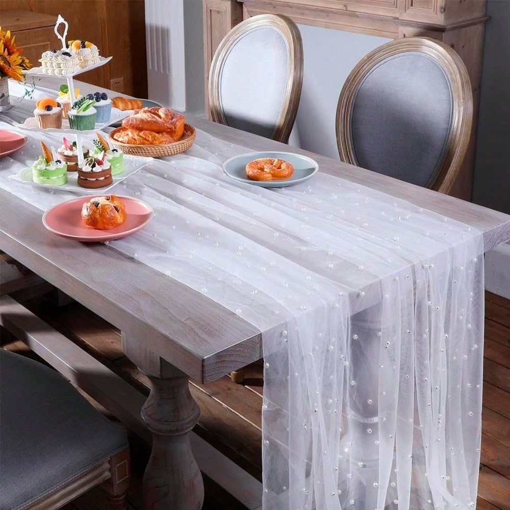 EHLDekol Pearl Table Cloth Elegant Polyester Table Runner with Artificial Pearl Accents Extra Long 10 ft 60 x 120 Inches Pearl Tulle Table Runner for Wedding (60inch Width, White, 1 Piece)