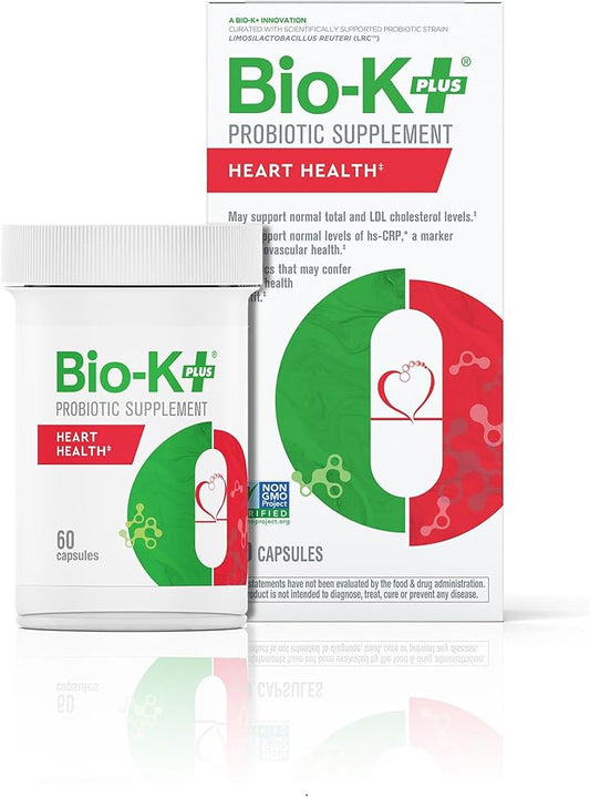 Bio K+ Heart Health Probiotic Capsules – Probiotics for Men and Women – Cholesterol and Heart Health* Support Supplement – Vegan, Shelf-Stable, Non-GMO – 60 Capsules