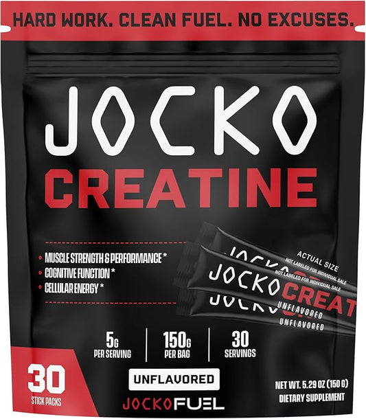 Jocko Fuel Creatine Stick Packs - Creatine Monohydrate Powder Travel Packs for Men & Women, Supplement for Athletic Performance & Muscle Health, 30 Servings 150g (Unflavored)