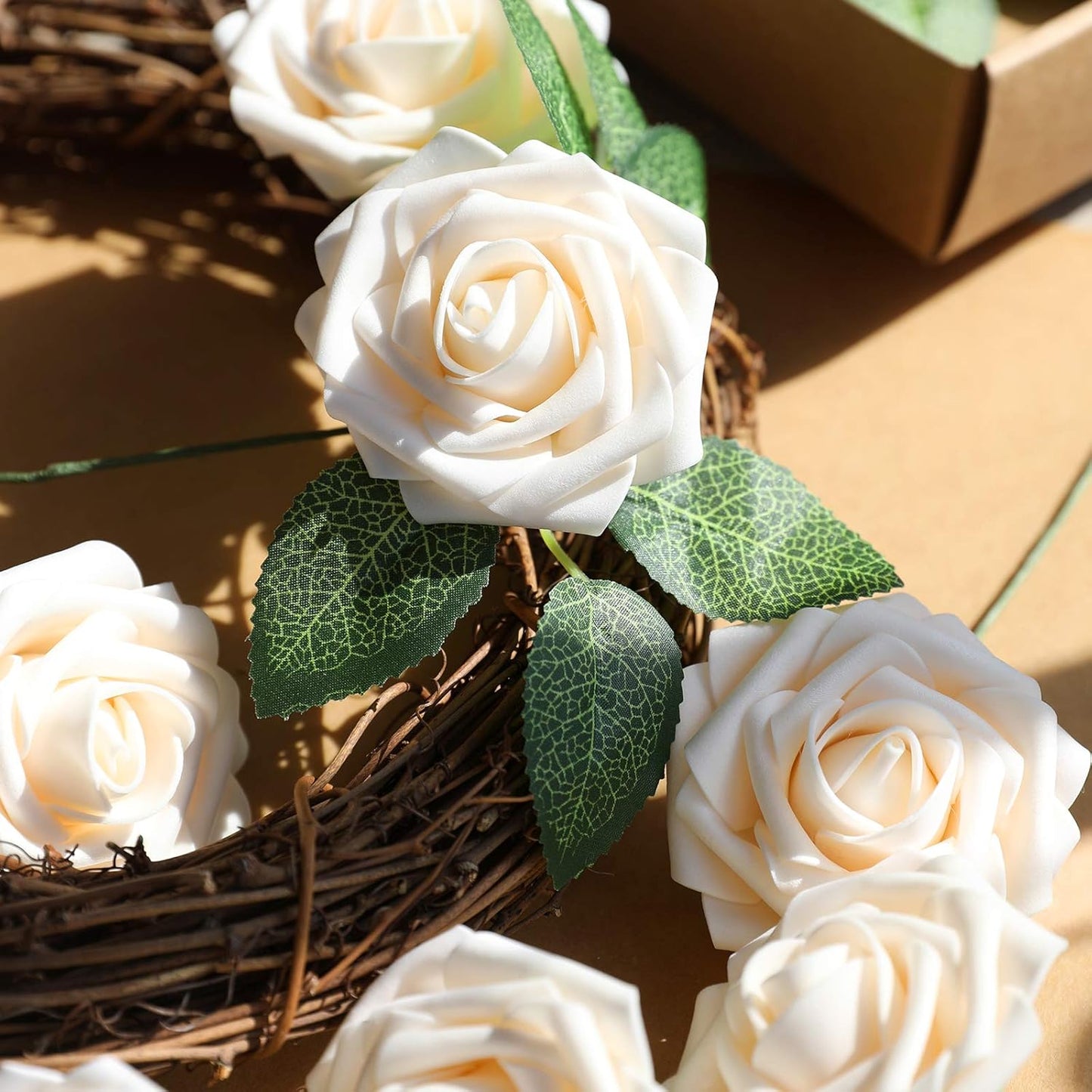 AmyHomie Artificial Flower Champagne Rose 25pcs Real Looking Fake Roses w/Stem for DIY Wedding Bouquets Centerpieces Arrangements Party Baby Shower Home Decorations