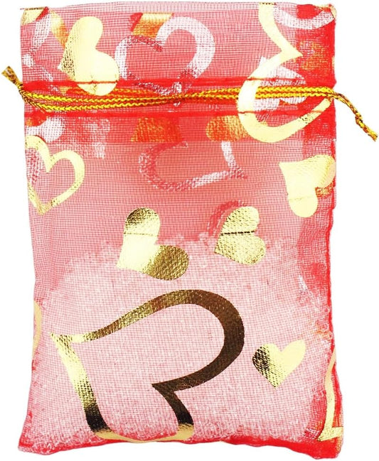 100 Pack 2.8 x 3.5 Inch Flower Heart Organza Jewelry Gift Pouch Candy Pouch Drawstring Wedding Favor Bags B511S (red gold heart)