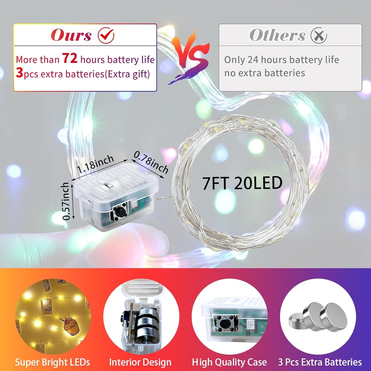 Fairy Lights 7Ft 20 LED Twinkle String Lights 3 Modes Battery Operated Waterproof Firefly Starry for Mason Jar Party Wedding Christmas Valentines Day Table Centerpieces(Rainbow, 24 Pack)
