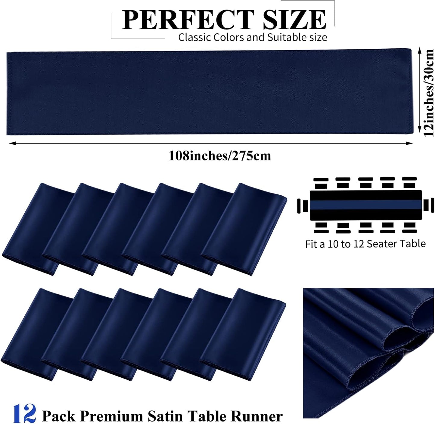 12 Pack Navy Blue Satin Table Runner,12 x 108 inch Long Premium Smooth Table Runner for Wedding, Banquets, Birthday, Party, Graduation, Engagements, Table Runners fit Rectangle and Round Table