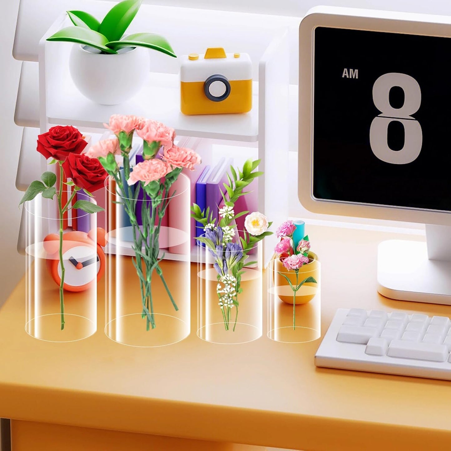 48 Pack Plastic Cylinder Vases, 4 6 8 10 Inch Tall Acrylic Cylinder Clear Flower Vase Set Bulk Glass Like Large Round Plastic Vases for Centerpiece Wedding Home Office (48)