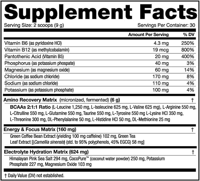 NutraBio Amino Kick – BCAA Powder with Natural Caffeine – Amino Acids Supplement for Energy, Hydration & Recovery – BCAAs, Electrolytes & Amino Acids – Baja Burst, 30 Servings
