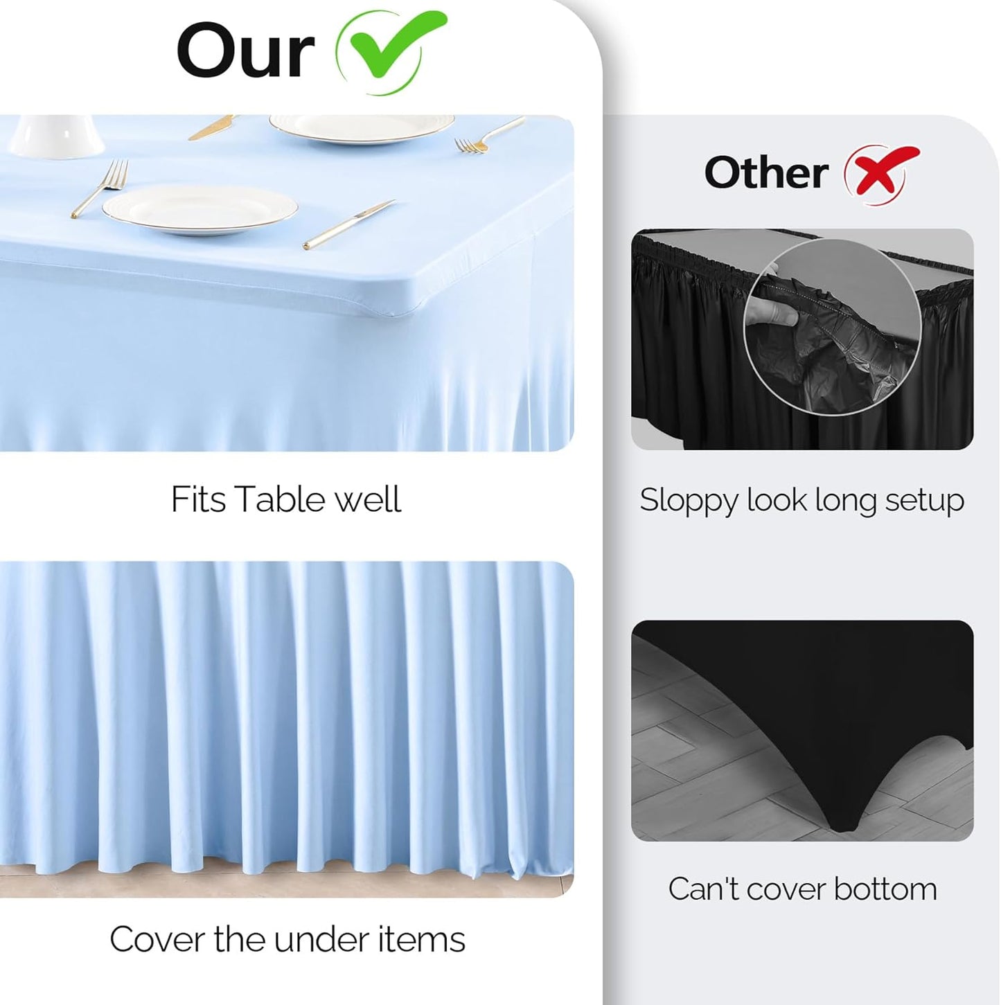 Wish Care 2 Pack Baby Blue Spandex Table Clothes for 8 Foot Rectangle Tables, 8FT Wrinkle Free Fitted Tablecloths Ruffles Design Table Cover for Party, Banquet, Wedding and Events