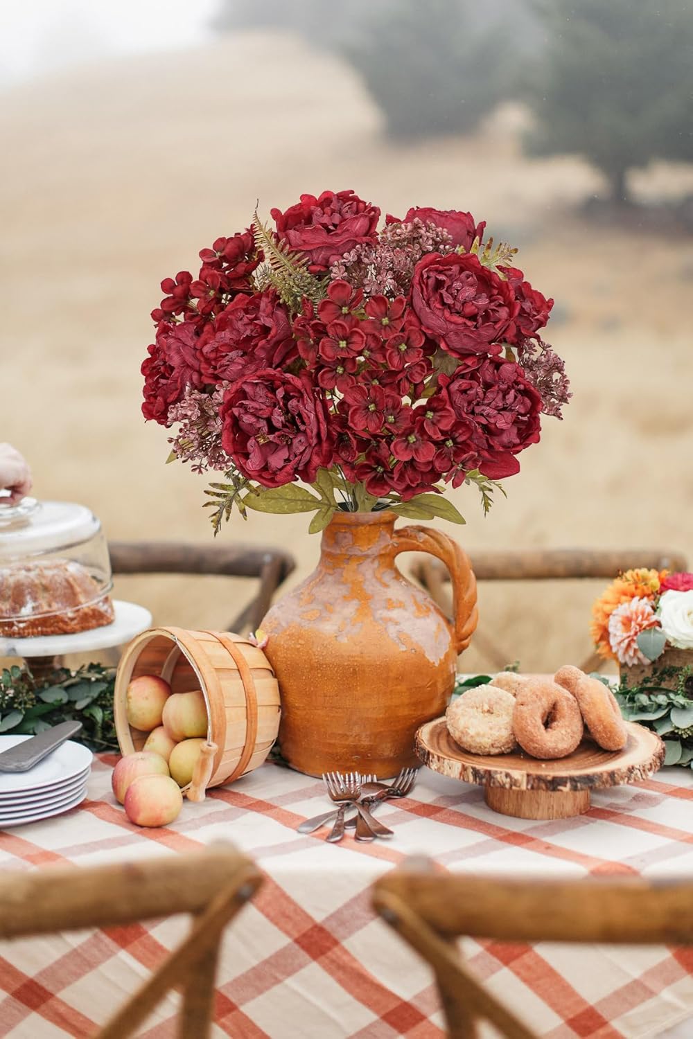 Hollyone 2 Bundles Artificial Fall Flowers Bouquet 18.8" Red Peony Hydrangea Fake Fall Floral Silk Flowers Autumn Faux Flower Arrangement for Home Wedding Table Centerpieces Thanksgiving Party Decor