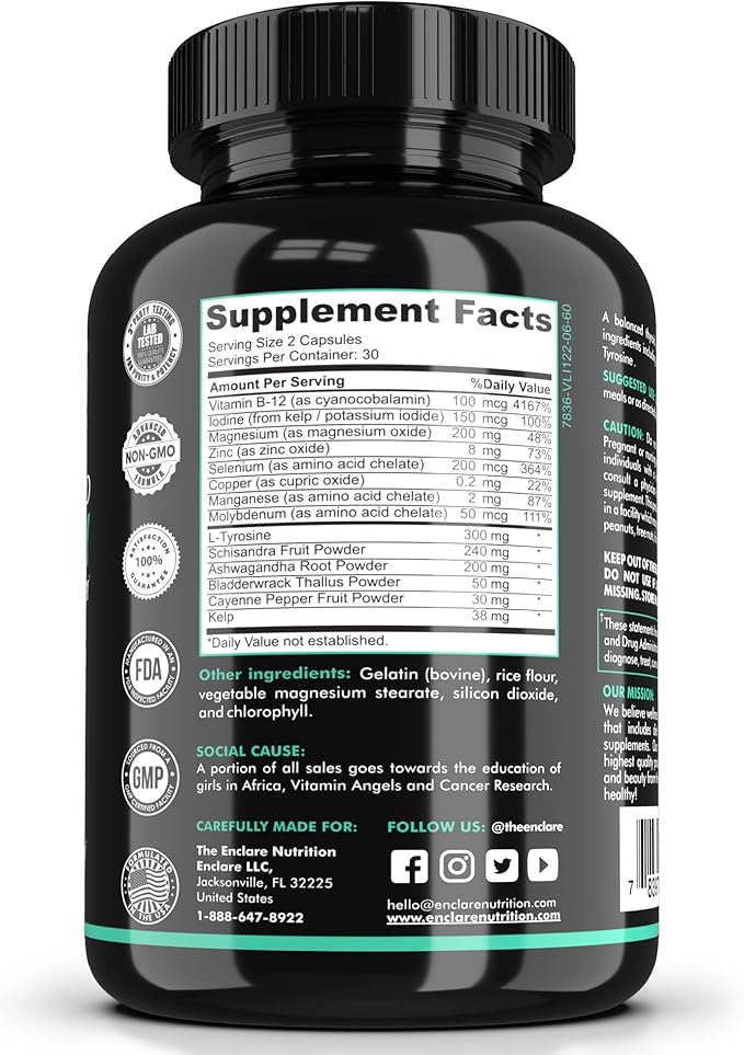 THE ENCLARE NUTRITION Thyroid Support Supplement with Iodine - Balance Hormones for Energy, Metabolism, Focus, Stress, Mood. Ashwagandha, Zinc, Selenium, Vitamin B12, Kelp, Magnesium, L Tyrosine (1)