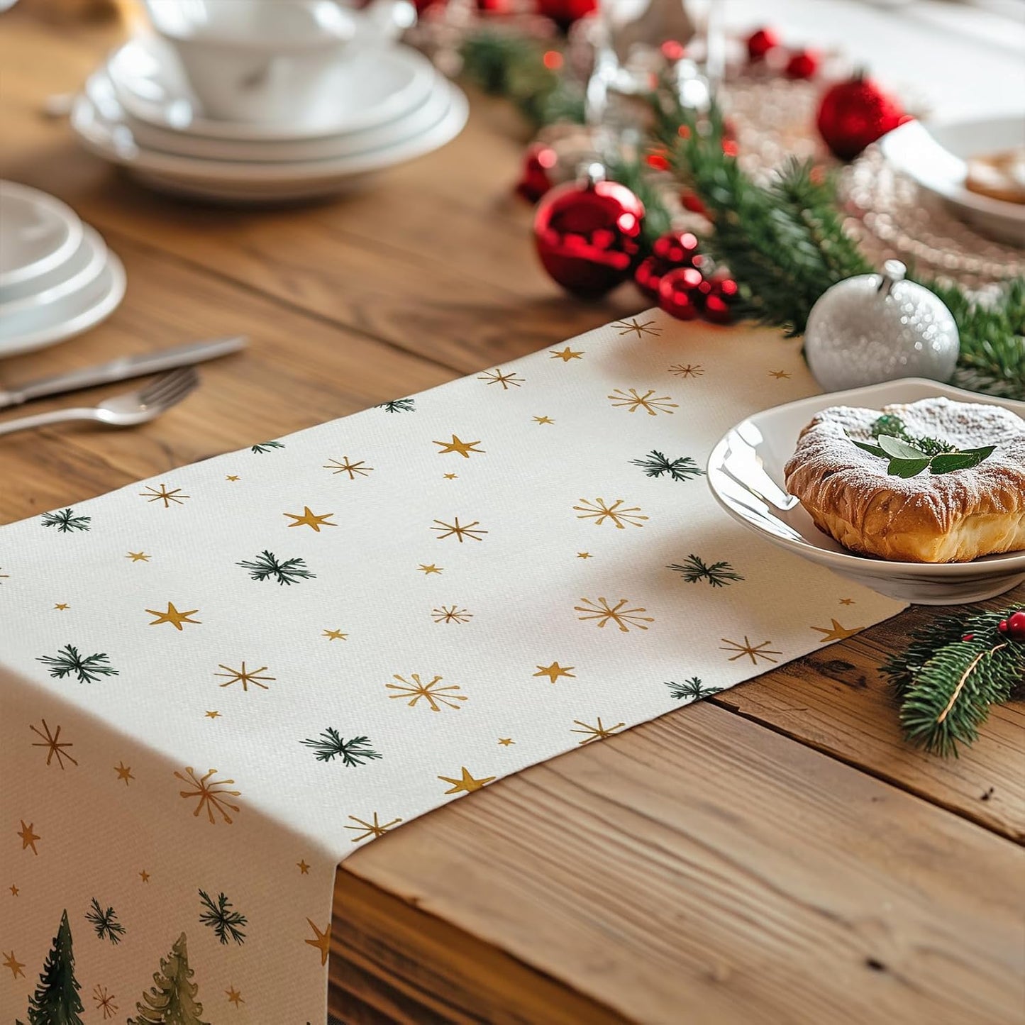 GEEORY Christmas Table Runner 13x72 Inch, Xmas Tees Snowflakes Holiday Decorative Farmhouse Table Decoration for Kitchen Dinning, Indoor Outdoor Dinner Party Decor (Light Green) GT166-72