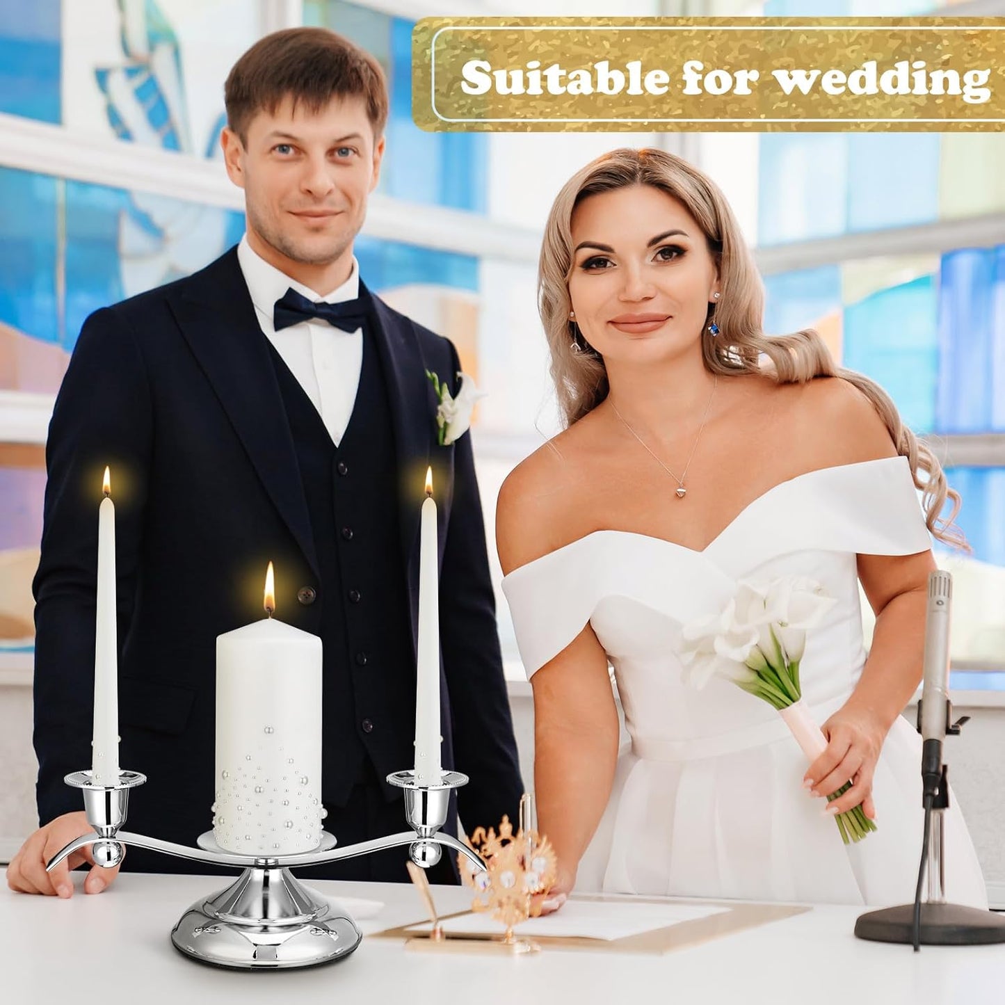 Irenare Unity Candles with Holder for Wedding Ceremony Wedding Decortions Accessories Glass Candle Holder Pillar Candle for Formal Events Church(Pearl)