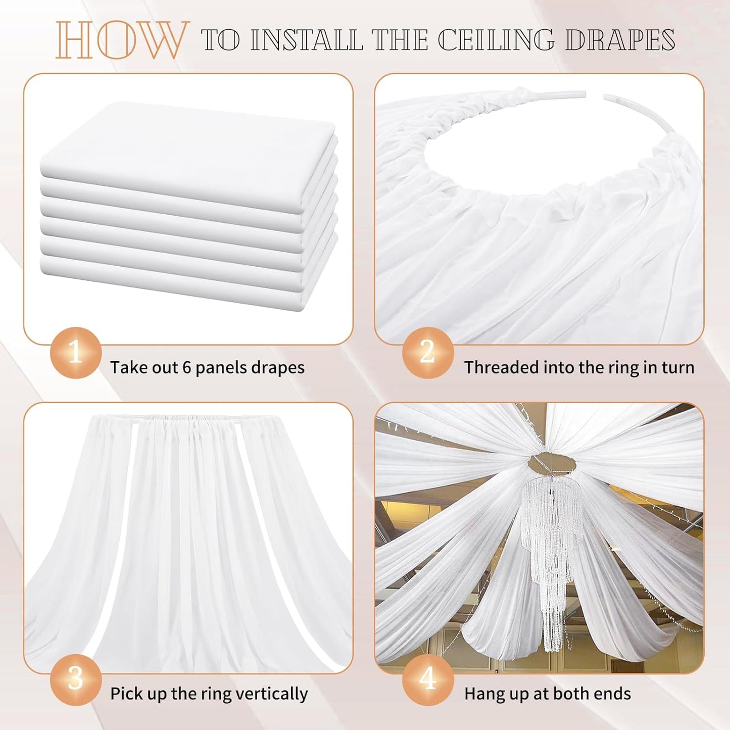 6 Panels White Ceiling Drapes for Wedding 5ftx10ft Sheer Drapery Chiffon Fabric Arch Draping Curtains for Party Ceremony Birthday Baby Shower Reception Stage Ceiling Decorations