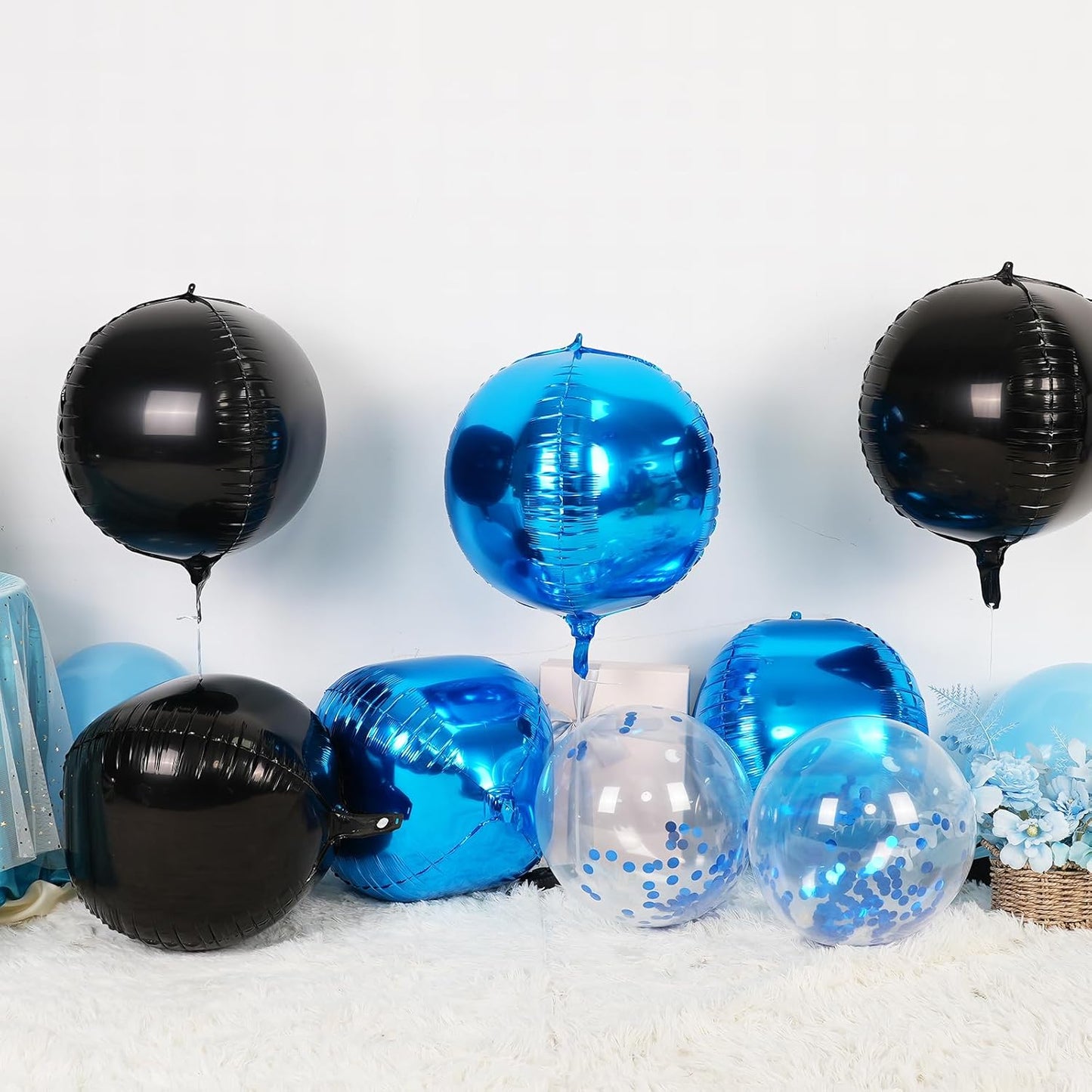 6Pcs Blue Black Round Foil Balloons,Giant 4D Round Ball Balloon,22 Inch Metallic Blue Black Balloons for Birthday Wedding Graduation Prom Party Decorations