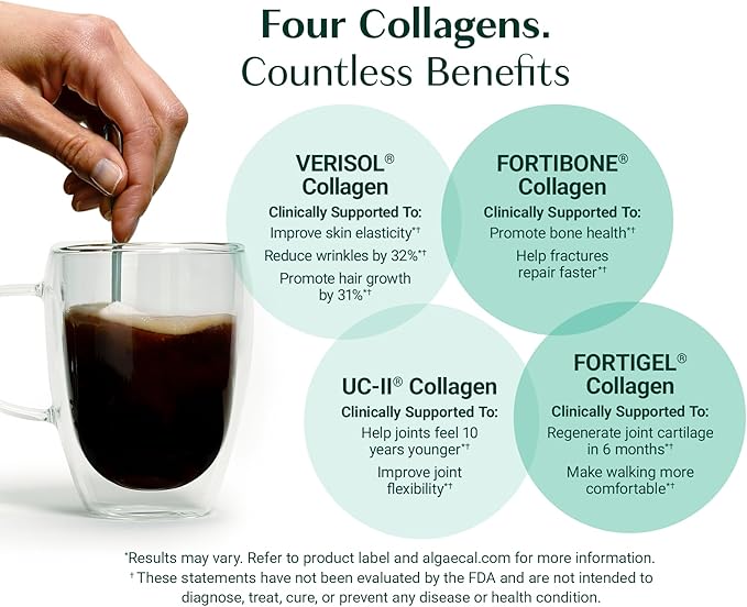 ALGAECAL Collagen - 4 Clinically-Supported Peptides VERISOL®, FORTIGEL®, UC-II®, FORTIBONE®, Anti-Aging Hydrolyzed Collagen Powder, 60 Servings, Made in USA
