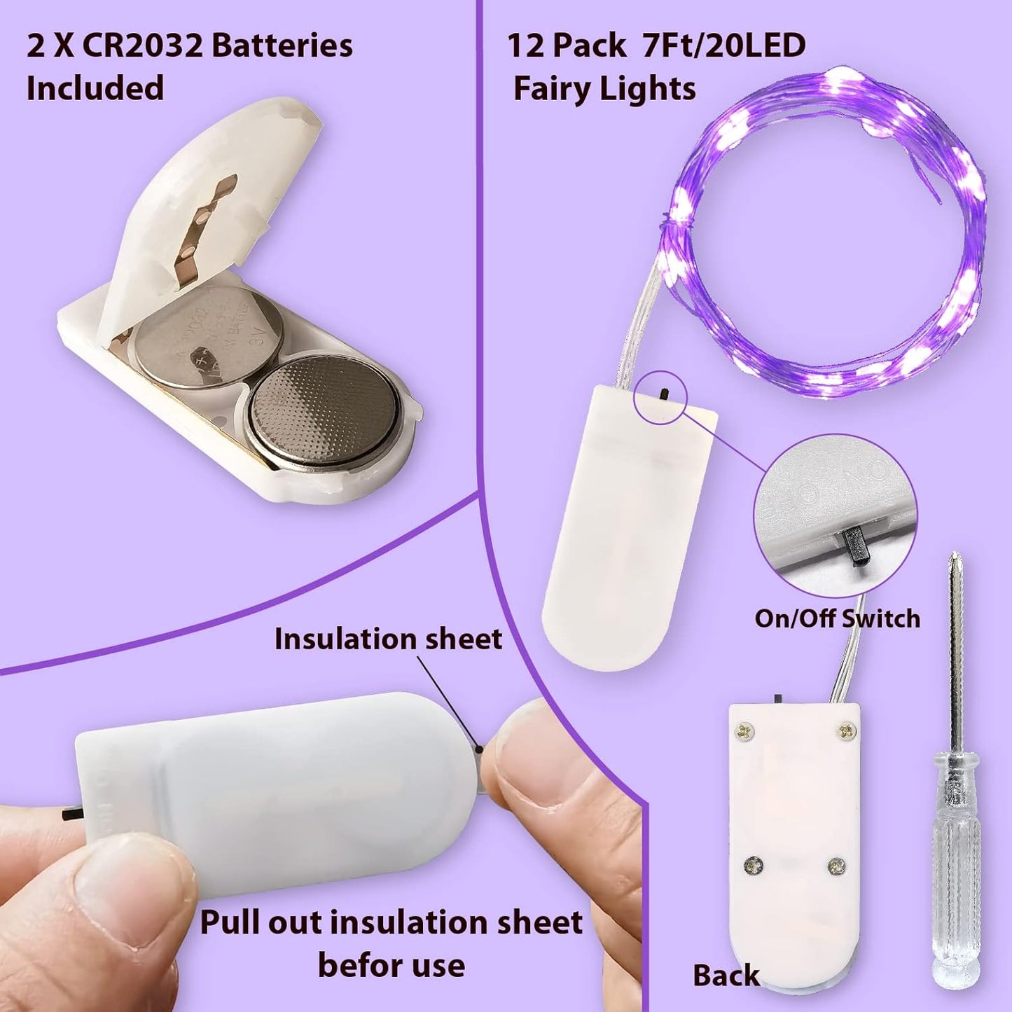 HXWEIYE 12 Pack LED Fairy Lights Battery Operated, 7ft 20LED Purple Mini String Mason Jar Lights, Waterproof Firefly Starry for Indoor Outdoor Halloween Thanksgiving