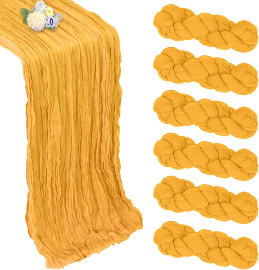 6 Pack Gold Cheesecloth Table Runner 10ft Boho Gauze Fabric Cheese Cloth Table Runner 35 x 120 Inch Rustic Sheer Runner for Romantic Wedding Decor Baby Shower Party Table Centerpiece Decoration