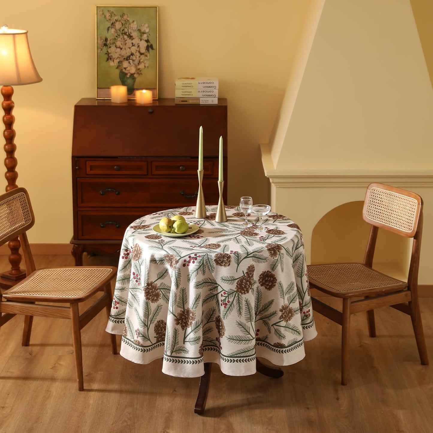 ISAENNE Designer Christmas Beige Linen Round Tablecloth,Pinecones Pattern Indoor Tablecloths,Washable Decor Table Cloth for Dining Thanksgiving Kitchen Christmas,Diameter 67"-Carol B