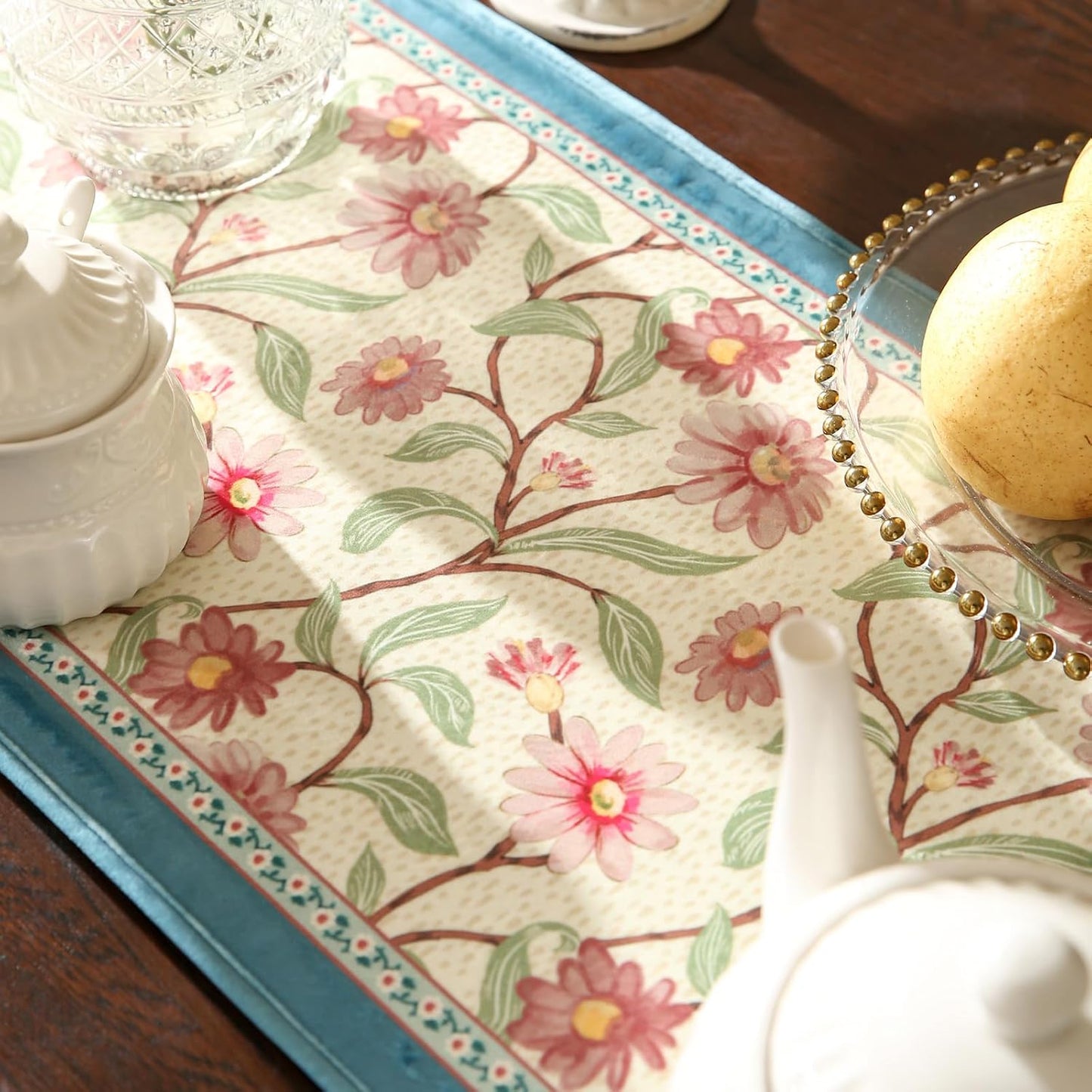 patdrea Designer French Elegant Wild Flowers Velvet Table Runner 118 Inch Long, Beige Pink Floral Table Mat, Decoration for Kitchen Dining Coffee Table Cabinet Banquet Thanksgiving,16"*118"