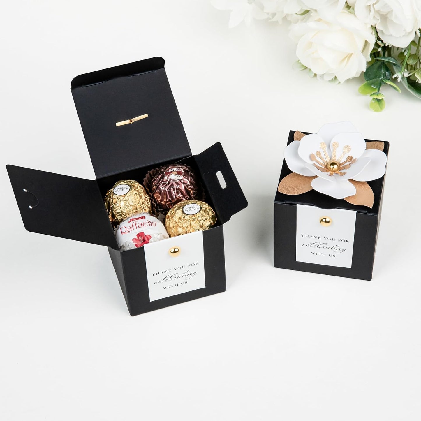 FEIYI 20 PCS Candy Boxes, 3 In 1 Black Favor Boxes with Floral Decor, White Thank You Tags Gift wrapping for Wedding Birthday Baby Shower Decorations Party -2.55x2.55x2.55''