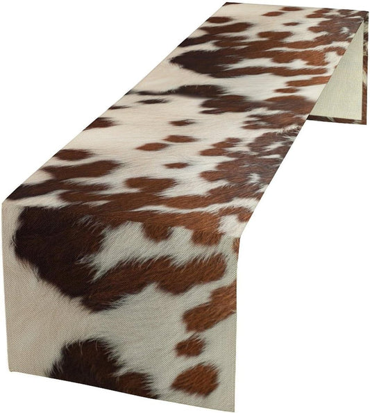 Farmhouse Cow Skin Print Table Runner, Safari Wildlife Brown Country Farm Cowhide Pattern Cotton Linen Rustic Cottage Table Runner for Dinning Home Party Holidays Home Setting, 13x36 Inch